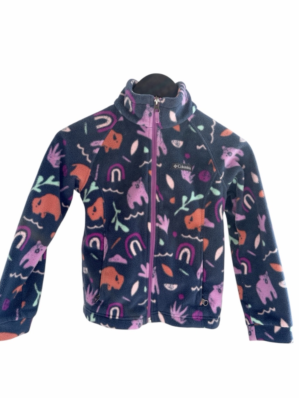 Columbia Girls' Navy Print Fleece Jacket with Purple & Coral Accents